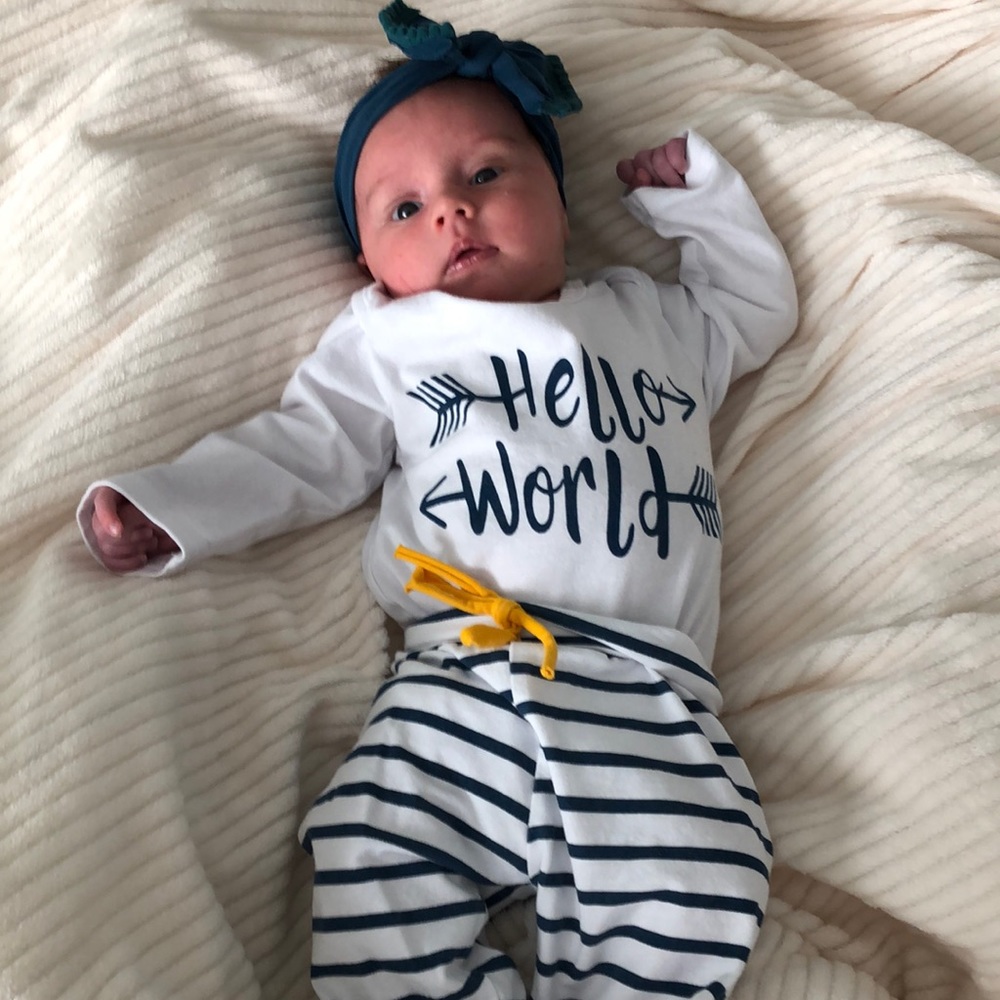 “Hello World” Outfit Size 3 Month with Matching Hat (Gender Neutral)